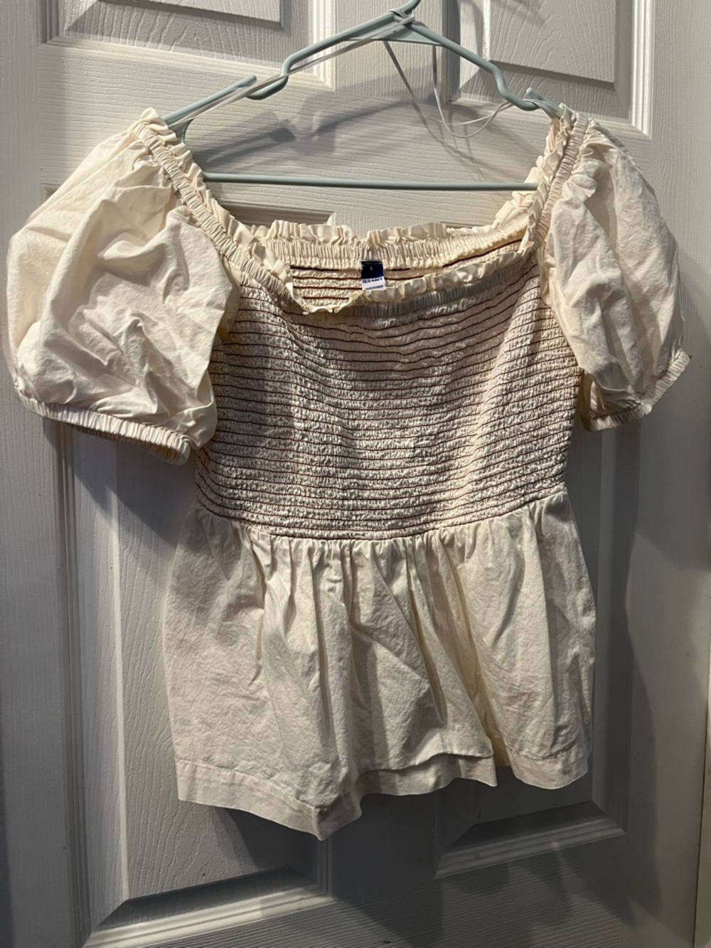 Old Navy Cream Smocked Puff-Sleeve Peplum Blouse